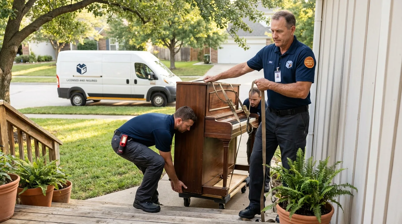 Licensed piano movers securing grand piano in Great Neck, NY
