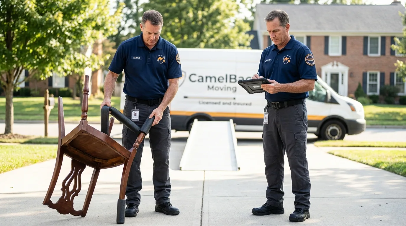 Movers inspecting furniture for damage prevention before loading in Great Neck, NY