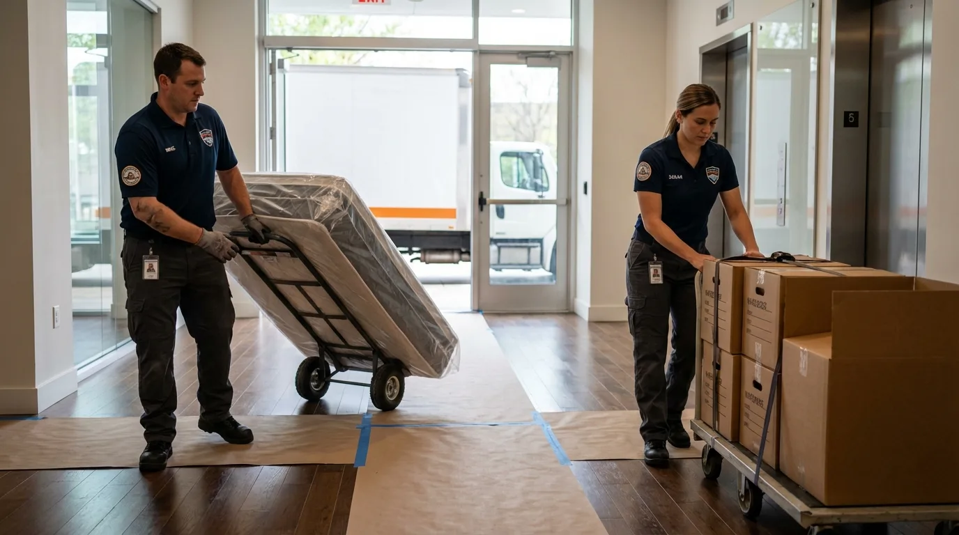 Professional apartment movers loading elevator in Great Neck, NY
