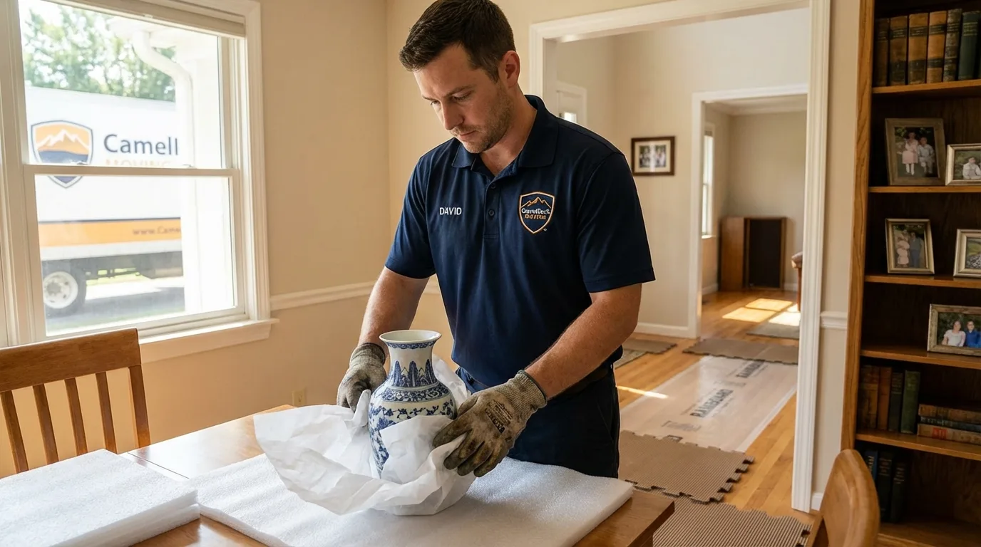 Professional crew carefully wrapping antique vase for senior downsizing move in Great Neck, NY