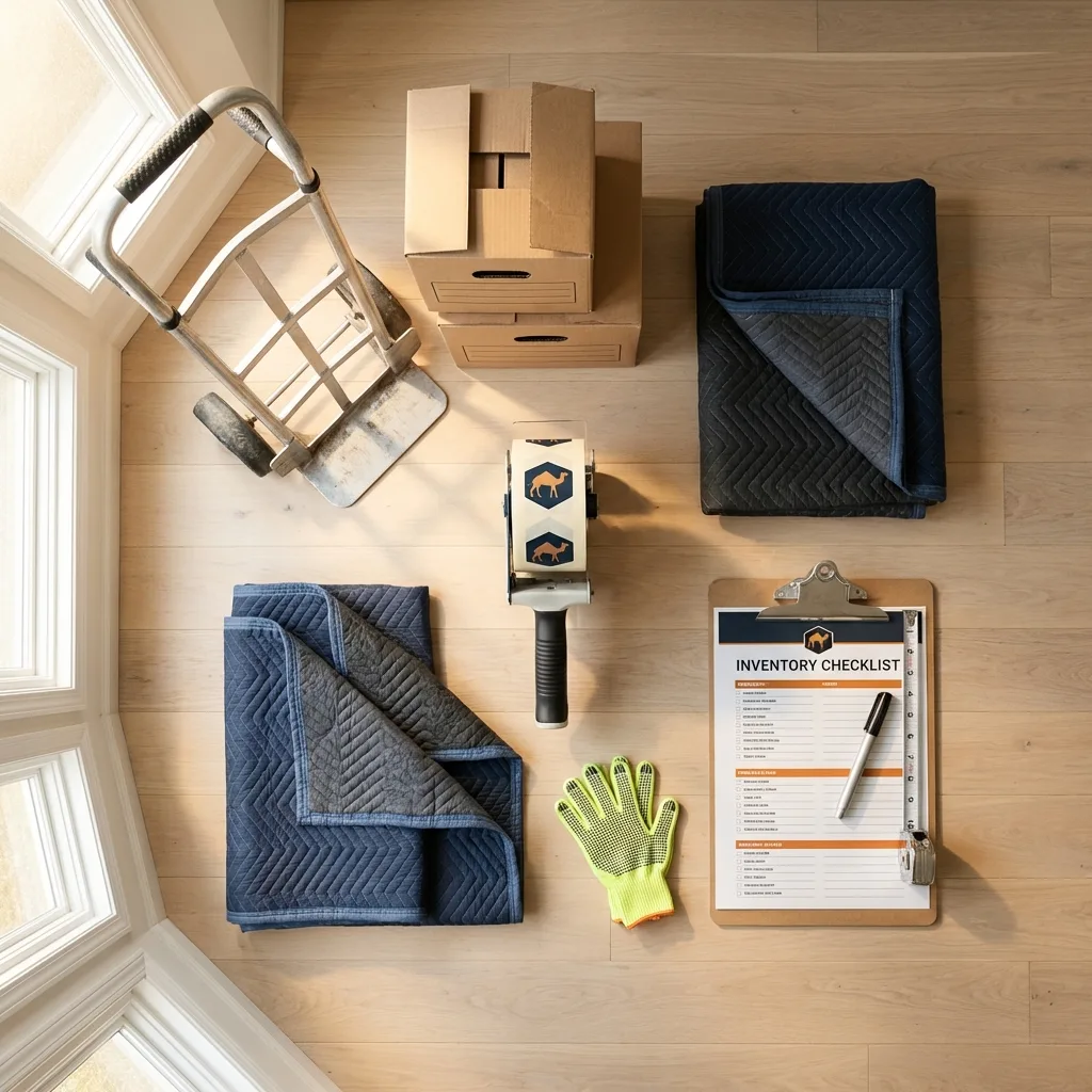 Professional moving supplies and packing materials layout for Great Neck residential relocations